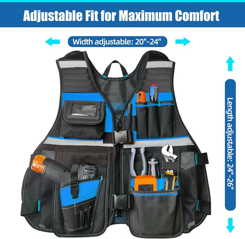 TooCust Tool Vest, Electrician Tool Vest with Drill Holster, 17 Compartments, Reflective Workwear with Tool Pockets, Adjustable Waist & Upgraded Comfortable Neck Opening (Blue) - Image 4